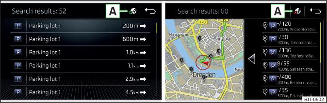  Lijst met gevonden parkeerplaatsen: In de navigatiegegevens / online